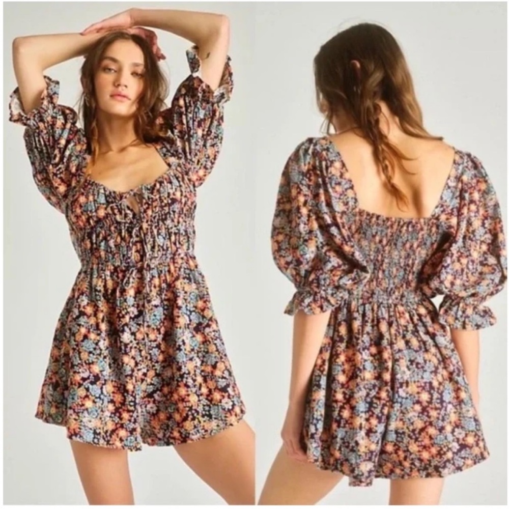 Free People Show Me Love romper colorful floral puff sleeve large